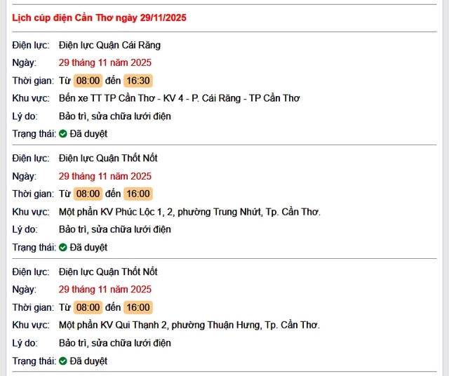Tra cứu lịch cúp điện Cần Thơ hôm nay Thứ 7 ngày 29/11/2025- Ảnh 1.