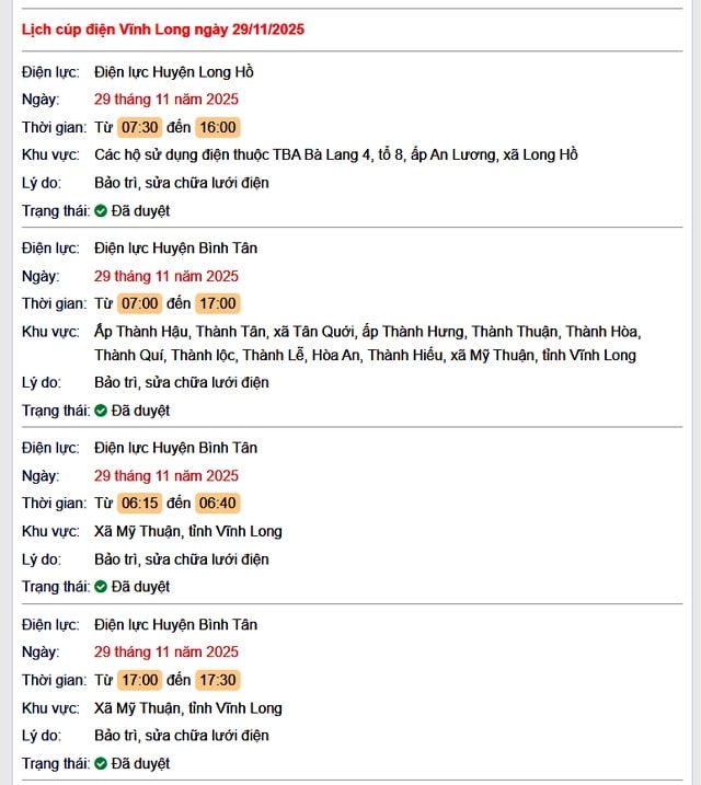 Tra cứu lịch cúp điện Vĩnh Long hôm nay Thứ 7 ngày 29/11/2025- Ảnh 1.