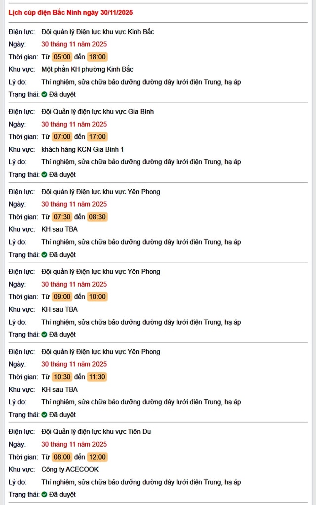 Tra cứu lịch cắt điện Bắc Ninh hôm nay Chủ Nhật ngày 30/11/2025- Ảnh 1.