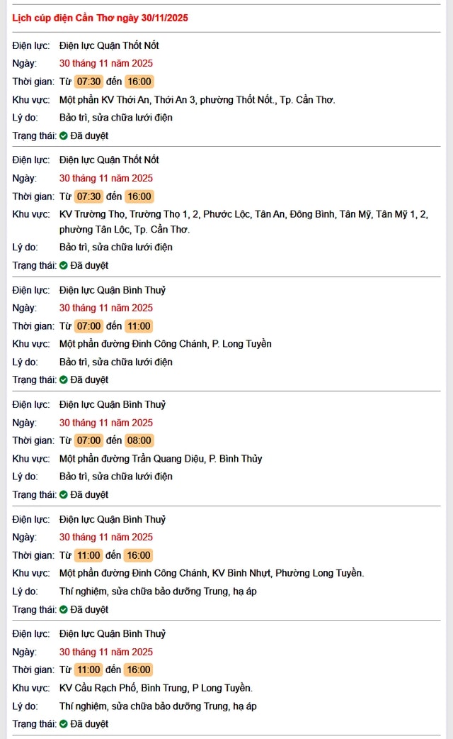 Tra cứu lịch cúp điện Cần Thơ hôm nay Chủ Nhật ngày 30/11/2025- Ảnh 1.