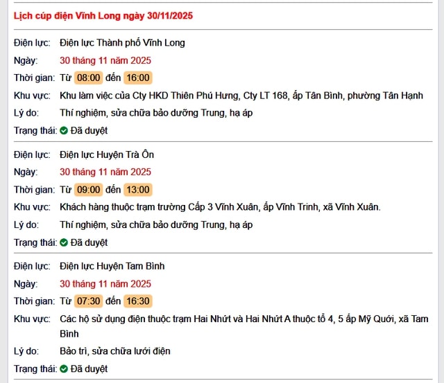 Tra cứu lịch cúp điện Vĩnh Long hôm nay Chủ Nhật ngày 30/11/2025- Ảnh 1.