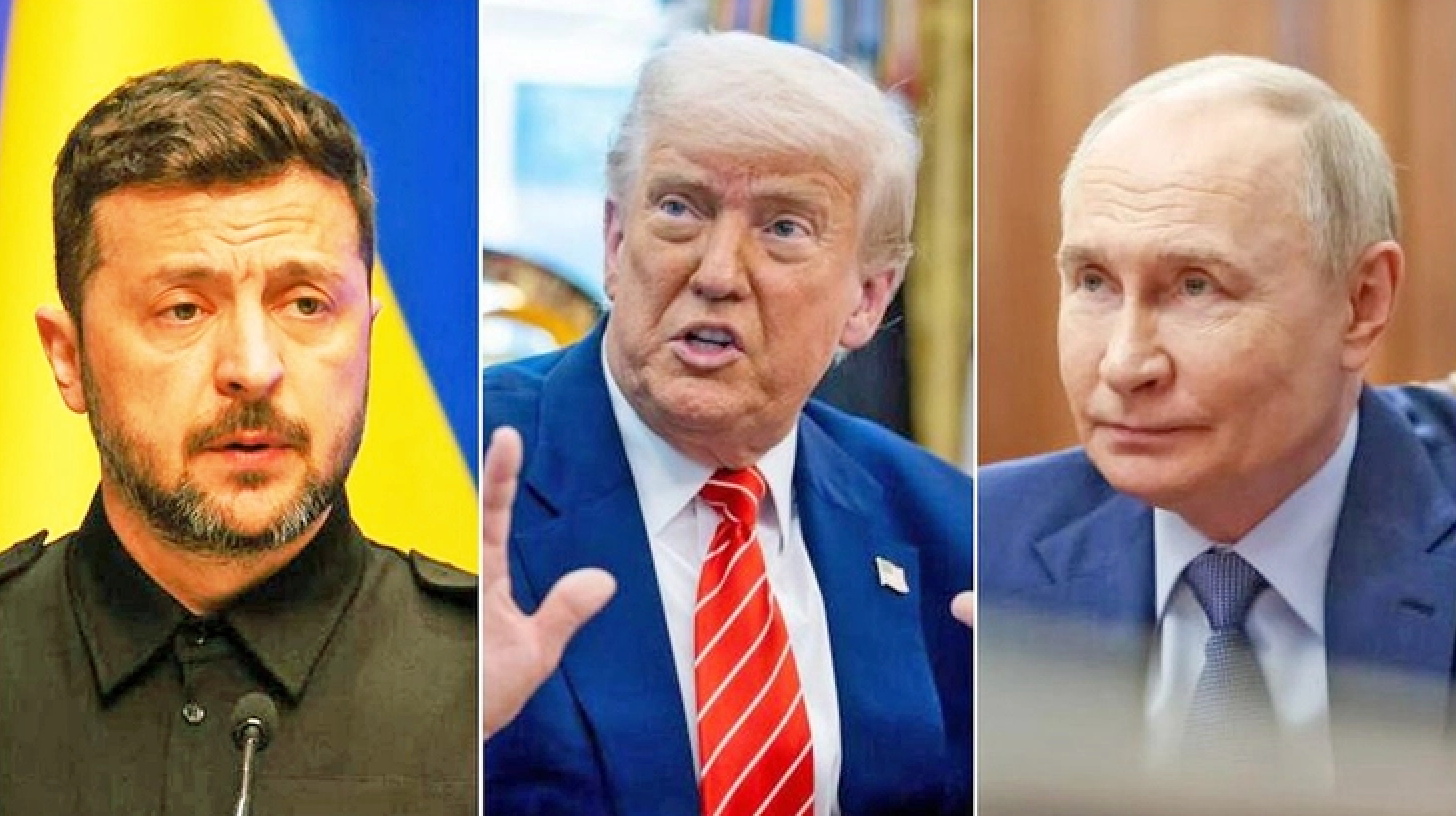 Tổng thống Ukraine Volodymyr Zelensky (trái), Tổng thống Mỹ Donald Trump (giữa) và Tổng thống Nga Vladimir Putin (phải). (Ảnh: AFP, Bloomberg, EPA-EFE)