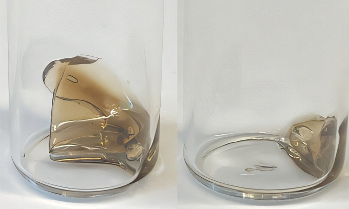 Mẫu nhựa poly (dicyclopentadiene), một vật liệu ứng dụng trong linh kiện xe hơi, được tái cấu trúc để tự phân hủy trong vòng vài ngày ở điều kiện phòng. Bên trái là mẫu ban đầu, bên phải là cùng mẫu sau 18 giờ ngoài trời. Ảnh: Gu Lab