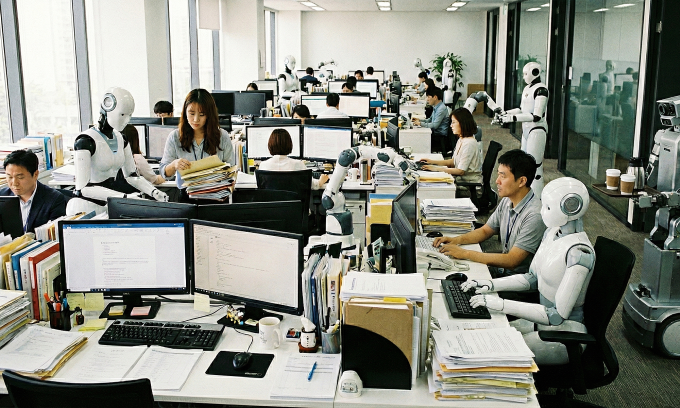 Minh họa robot làm việc cùng con người. Ảnh: Google Gemini