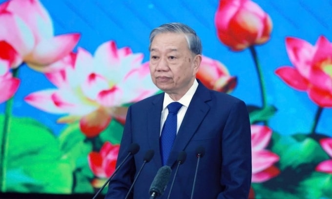 Tổng Bí thư Tô Lâm phát biểu chính sách tại Học viện Chính trị và Hành chính Quốc gia Lào ngày 1/12. Ảnh: TTXVN