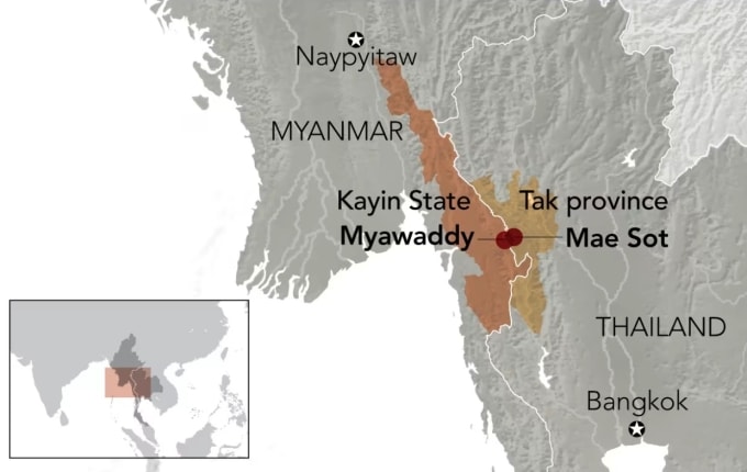 Vị trí thị trấn Myawaddy của Myanmar và thị trấn Mae Sot của Thái Lan. Đồ họa: Nikkei
