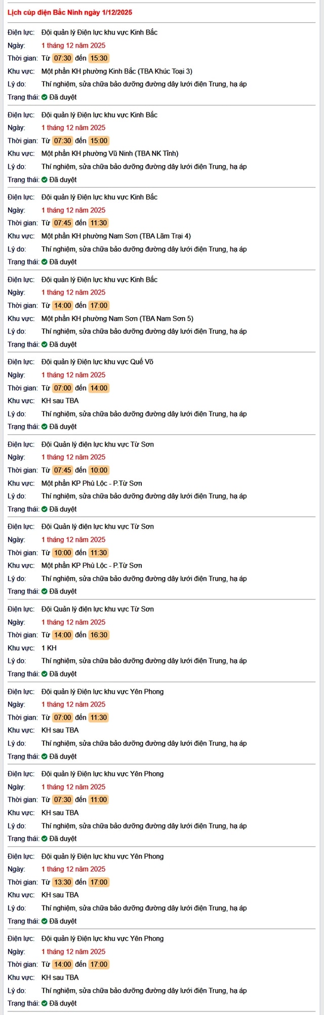 Tra cứu lịch cắt điện Bắc Ninh hôm nay Thứ 2 ngày 1/12/2025- Ảnh 1.