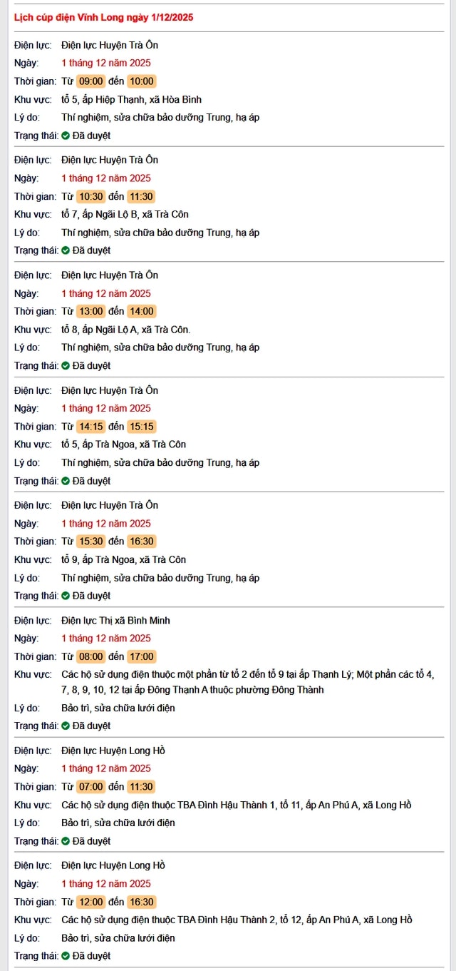 Tra cứu lịch cúp điện Vĩnh Long hôm nay Thứ 2 ngày 1/12/2025- Ảnh 1. Tra cứu lịch cúp điện Vĩnh Long hôm nay Thứ 2 ngày 1/12/2025- Ảnh 1.