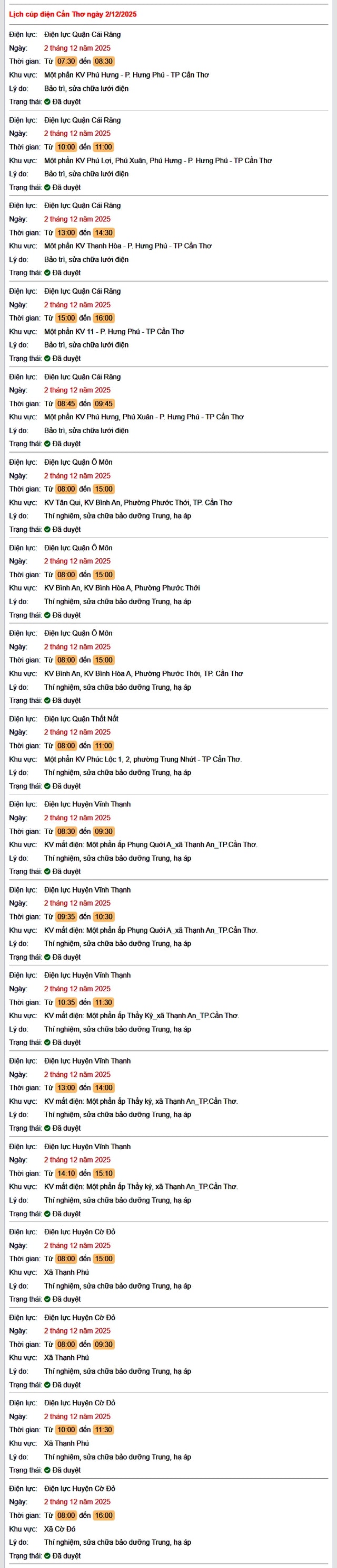 Tra cứu lịch cúp điện Cần Thơ hôm nay Thứ 3 ngày 2/12/2025- Ảnh 1. Tra cứu lịch cúp điện Cần Thơ hôm nay Thứ 3 ngày 2/12/2025- Ảnh 1.