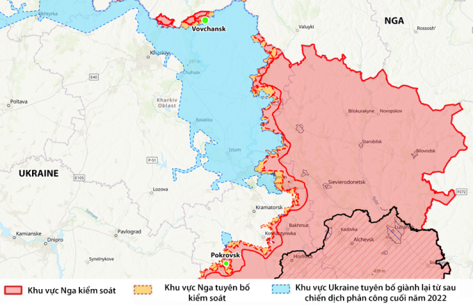 Vị trí Vovchansk và Pokrovsk (màu xanh). Đồ họa: ISW