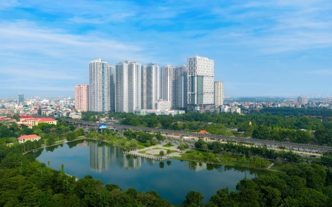 Công viên hồ điều hòa gần tòa ROX Tower Goldmark City. Ảnh: ROX