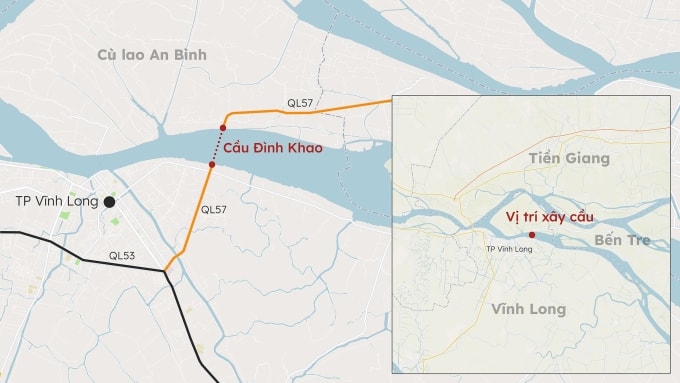 Vị trí xây cầu Đình Khao bắc qua sông Cổ Chiên. Đồ họa: Khánh Hoàng
