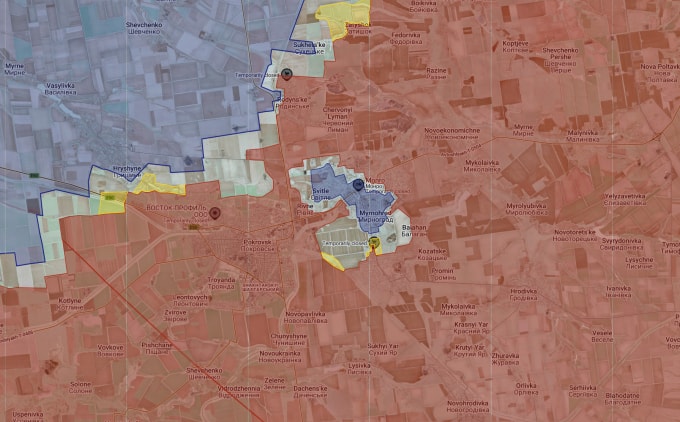 Khu vực Nga kiểm soát (đỏ) và tiến quân (vàng) tại mặt trận Pokrovsk - Mirnograd. Đồ họa: X/AMK Mapping