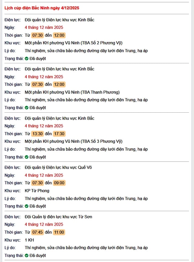 Tra cứu lịch cắt điện Bắc Ninh hôm nay Thứ 5 ngày 4/12/2025- Ảnh 1.