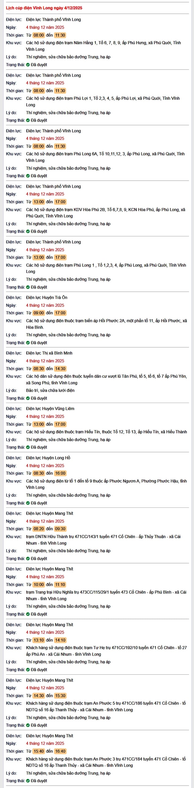 Tra cứu lịch cúp điện Vĩnh Long hôm nay thứ 5 ngày 4/12/2025- Ảnh 1. Tra cứu lịch cúp điện Vĩnh Long hôm nay thứ 5 ngày 4/12/2025- Ảnh 1.