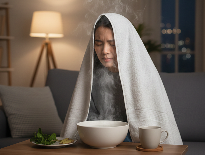 Xông hơi bằng nước ấm giúp làm loãng chất nhầy. Ảnh được tạo bởi AI