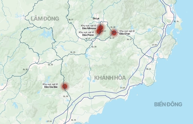 Ngoài đèo Prenn và Mimosa thông xe, hai đèo sạt lở trong đợt mưa lũ gần đây là Gia Bắc, D’ran đang được khắc phục. Đồ họa: Tâm Thảo