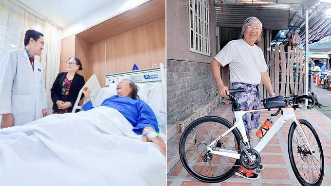 Ông Trân (75 tuổi, Hậu Giang cũ) - một trong những bệnh nhân được phẫu thuật bằng robot Da Vinci Xi. Chỉ sau vài ngày phẫu thuật ông đã chạy xe đạp luyện thể lực trở lại. Ảnh: Bệnh viện Đa khoa Tâm Anh