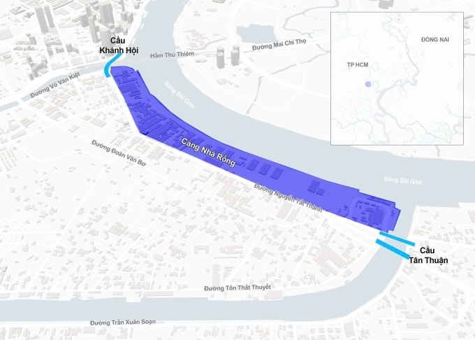 Cầu Tân Thuận kết nối với đường Nguyễn Tất Thành chạy song song khu đất Cảng Nhà Rồng. Đồ họa:Tâm Thảo