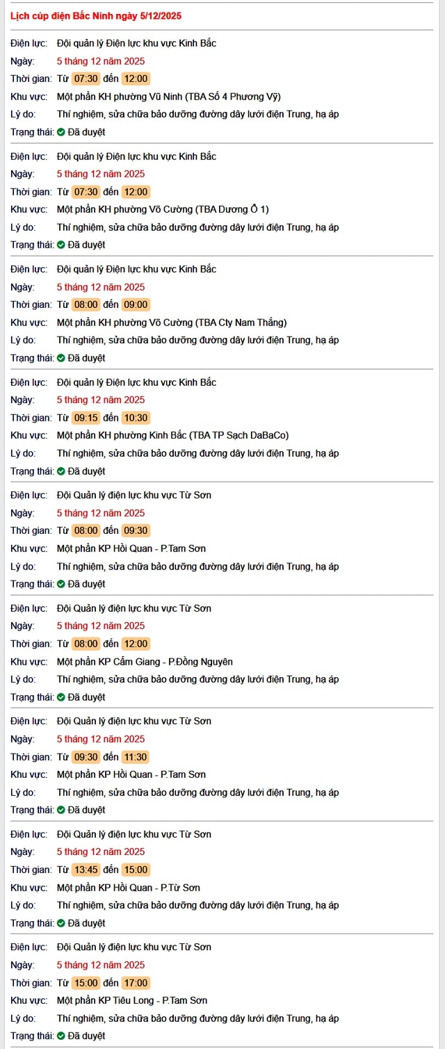 Tra cứu lịch cắt điện Bắc Ninh hôm nay Thứ 6 ngày 5/12/2025- Ảnh 1.
