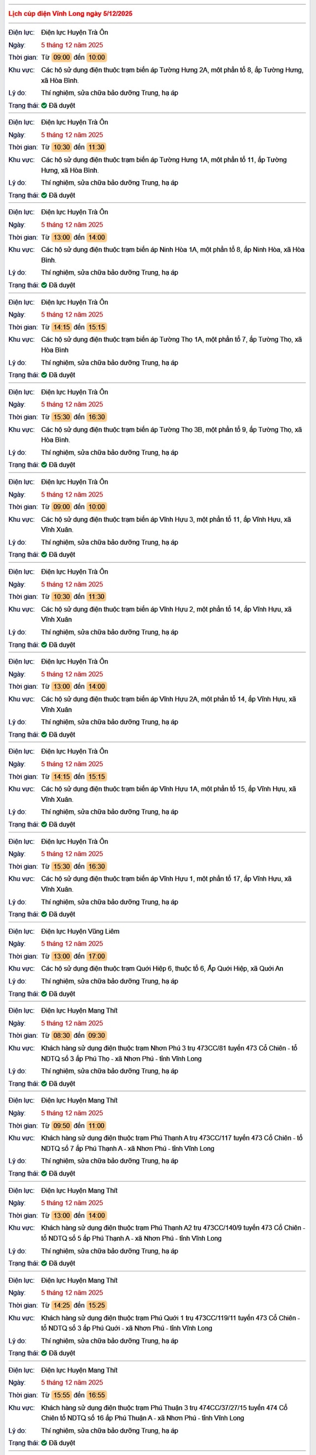 Tra cứu lịch cúp điện Vĩnh Long hôm nay Thứ 6 ngày 5/12/2025- Ảnh 1. Tra cứu lịch cúp điện Vĩnh Long hôm nay Thứ 6 ngày 5/12/2025- Ảnh 1.