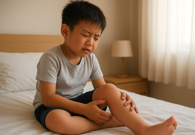 Trẻ đau, cứng khớp, hơi sưng chân vào buổi sáng có thể là dấu hiệu của viêm khớp. Ảnh minh họa được tạo bởi AI