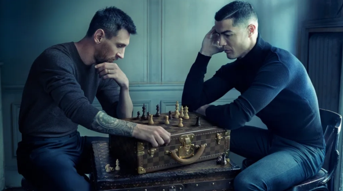 Hình ảnh Messi và Ronaldo cùng đánh cờ vua, khi chụp quảng bá cho Louis Vuitton ngày 20/11/2022.