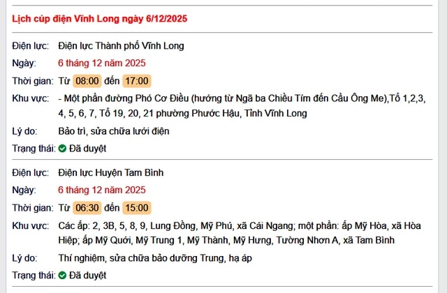 Tra cứu lịch cúp điện Vĩnh Long hôm nay thứ 7 ngày 6/12/2025- Ảnh 1. Tra cứu lịch cúp điện Vĩnh Long hôm nay thứ 7 ngày 6/12/2025- Ảnh 1.