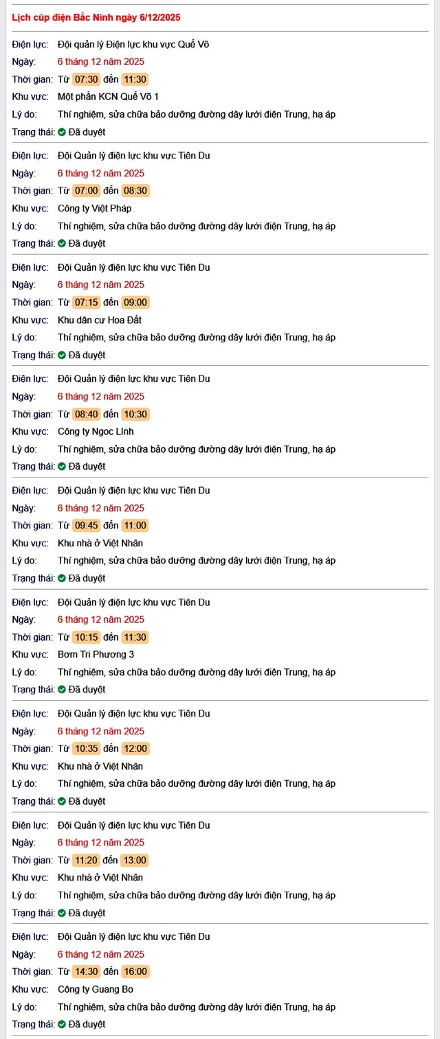 Tra cứu lịch cắt điện Bắc Ninh hôm nay Thứ 7 ngày 6/12/2025- Ảnh 1.