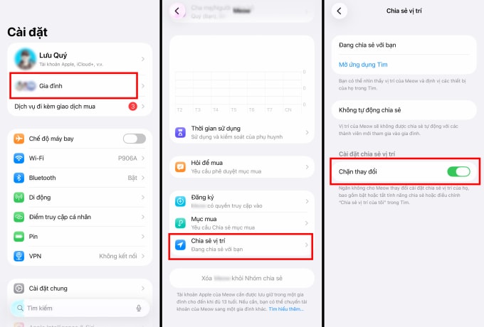 Các thao tác để bật chia sẻ vị trí và khoá cài đặt này của thiết bị.