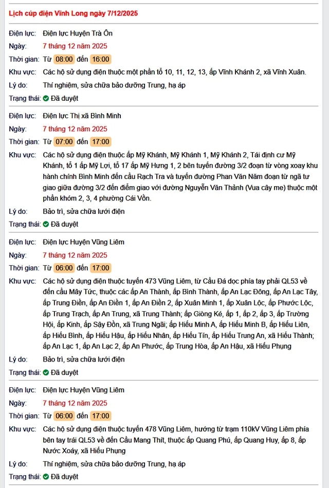 Tra cứu lịch cúp điện Vĩnh Long hôm nay Chủ Nhật ngày 7/12/2025- Ảnh 1. Tra cứu lịch cúp điện Vĩnh Long hôm nay Chủ Nhật ngày 7/12/2025- Ảnh 1.