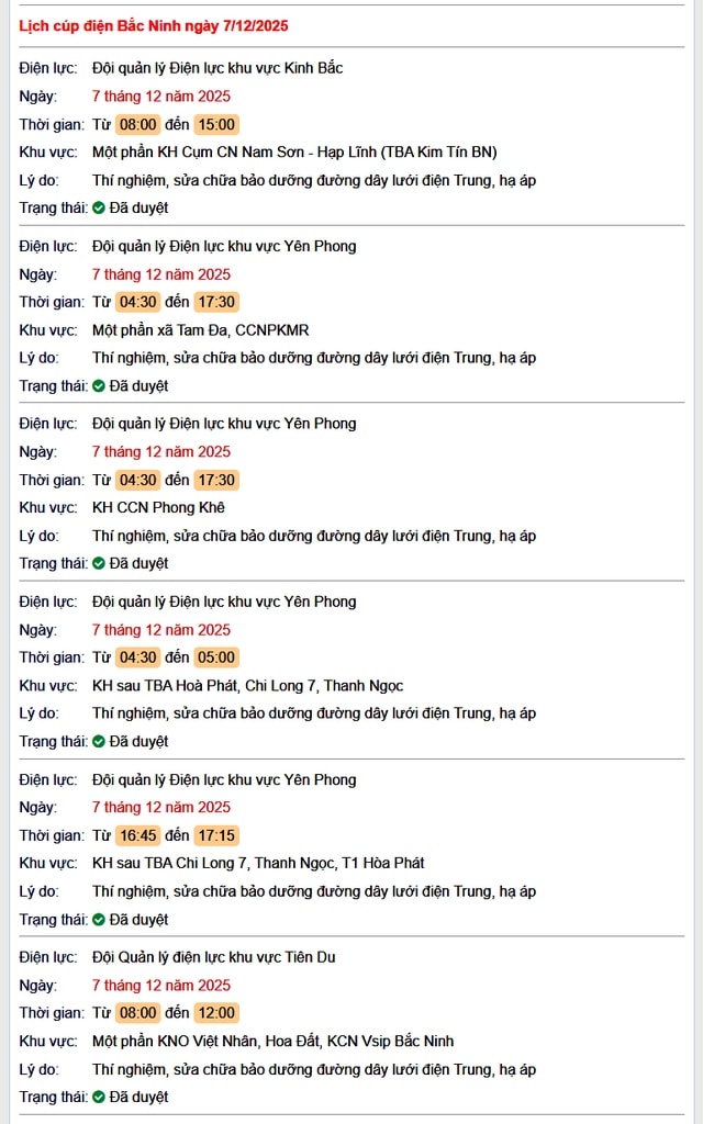 Tra cứu lịch cắt điện Bắc Ninh hôm nay Chủ Nhật ngày 7/12/2025- Ảnh 1.