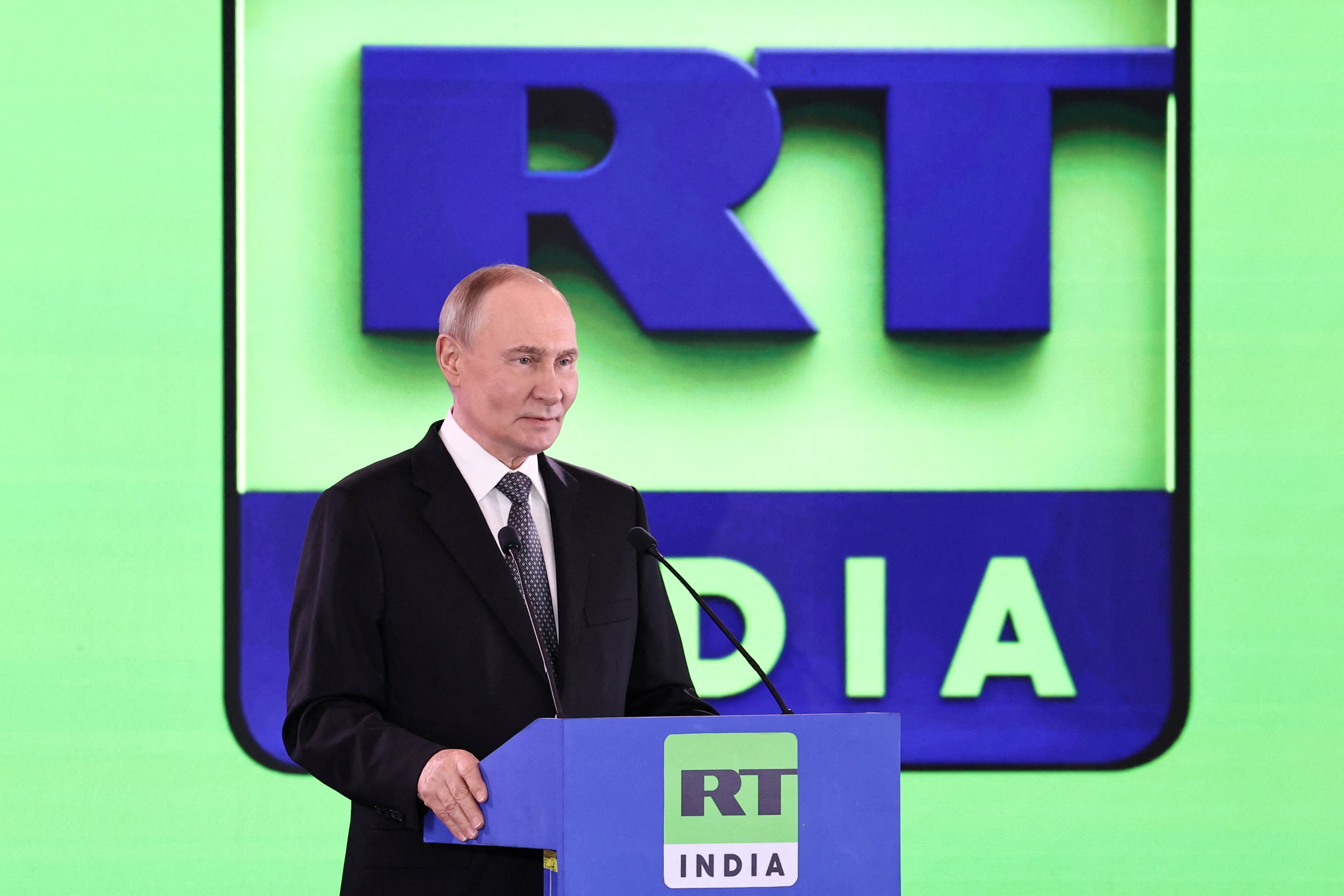 Tổng thống Nga Vladimir Putin tham dự lễ khai trương kênh tin tức RT India tại New Delhi, Ấn Độ, ngày 5/12/2025. (Ảnh: Sputnik/Alexander Kazakov/Pool qua Reuters)