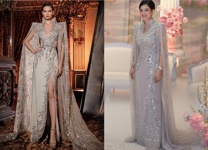 Thiết kế ban đầu (trái) được Thủy Tiên đặt thực hiện lại theo yêu cầu của chị, phù hợp với vóc dáng.