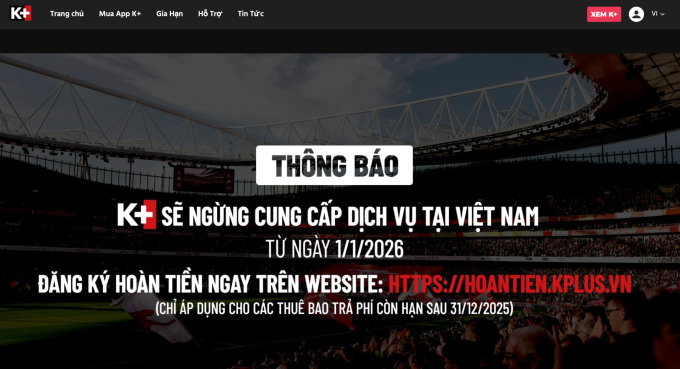 Thông báo dừng phát sóng từ ngày 1/1/2026 của truyền hình K+.