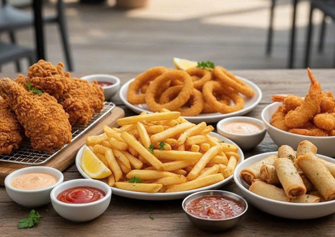 Ăn nhiều đồ chiên rán dễ gây tăng cân. Ảnh: AI