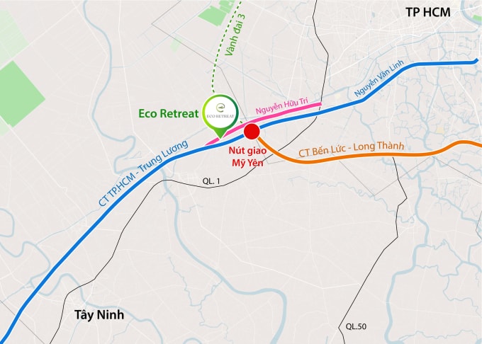 Vị trí nút giao Mỹ Yên cùng các hạ tầng lớn tại phía Tây TP HCM. Đồ họa: Ngân Hà