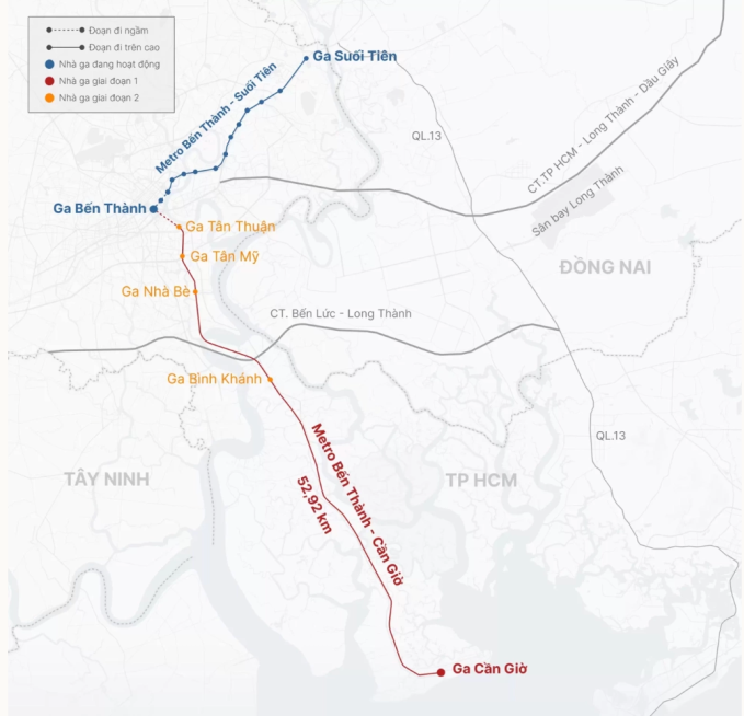 Hướng tuyến dự án Metro Bến Thành - Cần Giờ. Đồ họa: Khánh Hoàng