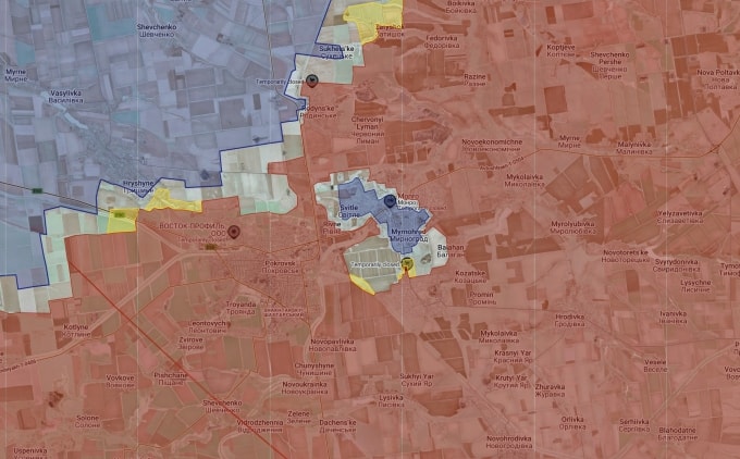Khu vực Nga kiểm soát (đỏ) và tiến quân (vàng) tại mặt trận Pokrovsk - Mirnograd. Đồ họa: X/AMK Mapping