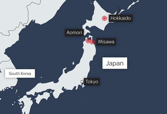 Tâm chấn động đất được cho là ở ngoài khơi Misawa, đông bắc Nhật Bản. Đồ họa: SkyNews