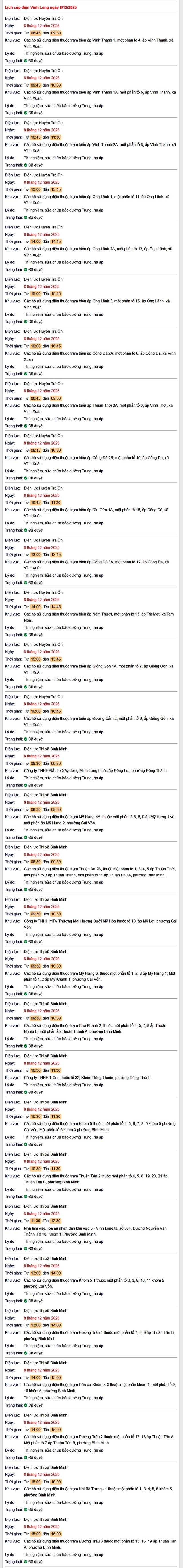 Tra cứu lịch cúp điện Vĩnh Long hôm nay thứ 2 ngày 8/12/2025- Ảnh 1. Tra cứu lịch cúp điện Vĩnh Long hôm nay thứ 2 ngày 8/12/2025- Ảnh 1.