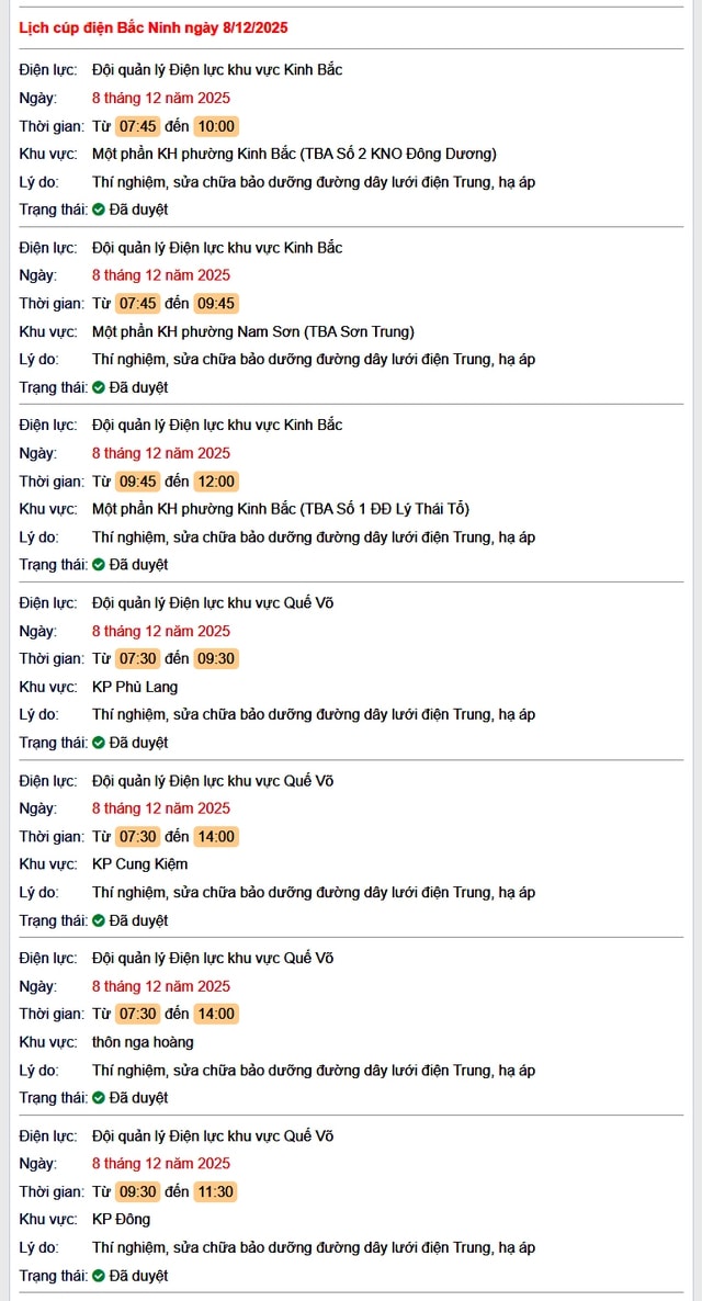 Tra cứu lịch cắt điện Bắc Ninh hôm nay Thứ 2 ngày 8/12/2025- Ảnh 1.