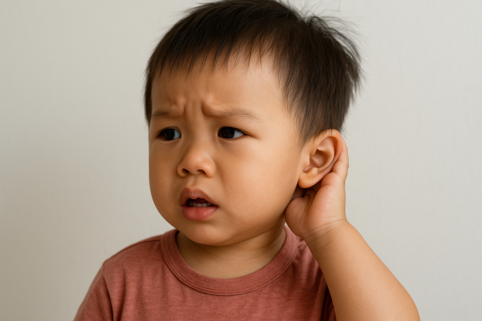 Trẻ nhỏ dễ mắc viêm tai giữa trong mùa lạnh. Ảnh được tạo bởi AI