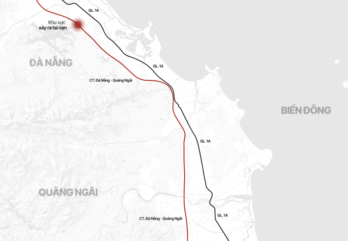 Khu vực xảy ra tai nạn khiến 3 người chết trên cao tốc Đà Nẵng - Quảng Ngãi. Đồ họa: Tâm Thảo