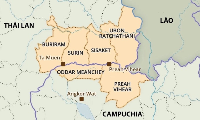 Khu vực tranh chấp biên giới và đền thờ (chấm vuông màu nâu) giữa Campuchia và Thái Lan. Đồ họa: Britannica