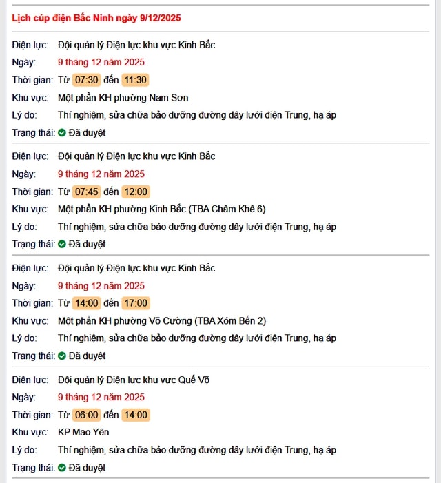 Tra cứu lịch cắt điện Bắc Ninh hôm nay Thứ 3 ngày 9/12/2025- Ảnh 1.