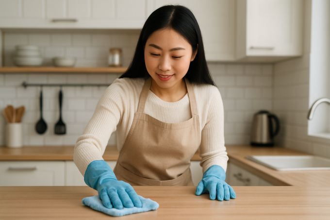 Lau chùi các đồ vật bằng khăn ẩm giúp loại bỏ bụi. Ảnh tạo bởi AI