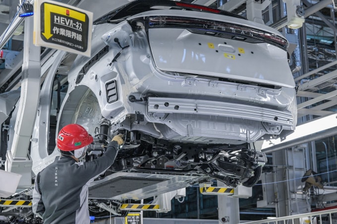 Dây chuyền lắp ráp ôtô tại một nhà máy ở Kaminokawa, tỉnh Tochigi, Nhật Bản tháng 12/2023. Ảnh: AFP