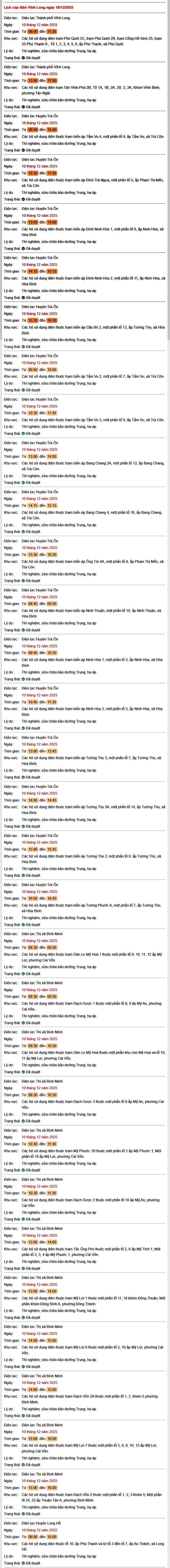 Tra cứu lịch cúp điện Vĩnh Long hôm nay thứ 4 ngày 10/12/2025- Ảnh 1. Tra cứu lịch cúp điện Vĩnh Long hôm nay thứ 4 ngày 10/12/2025- Ảnh 1.