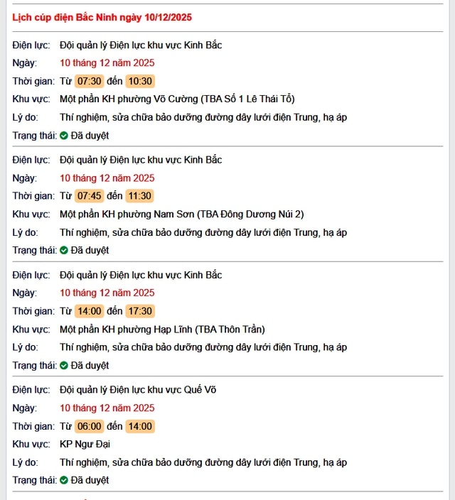 Tra cứu lịch cắt điện Bắc Ninh hôm nay Thứ 4 ngày 10/12/2025- Ảnh 1.